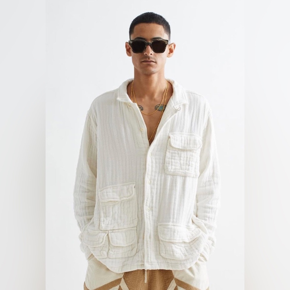 White Casual Button Down Shirt triple gauze utility shirt